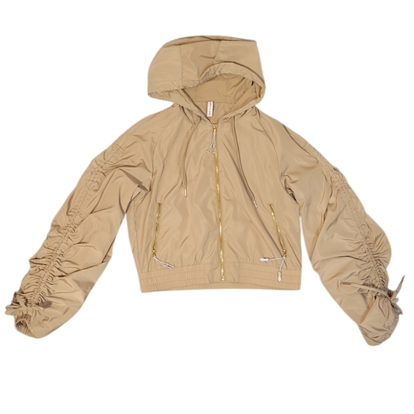 Adam Selman Sport Gathered Sleeve Track Jacket Windbreaker Chino Tan Zip Up Hood - Picture 2 of 11